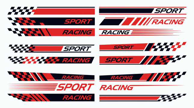 Collection of red and black sports car racing stripe decals with checkered flag patterns on white background, concept for vehicle body tuning, automotive livery design and vinyl wrap customization
