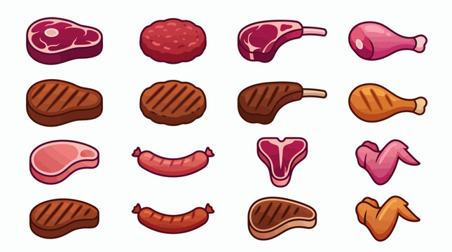 Variety of raw and grilled meat cuts like steak, burger, sausage and chicken icons on white background, concept for restaurant menu design, butchery marketing and barbecue party flyer