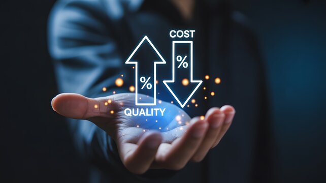 Business person holding glowing digital graphs showing increased quality and reduced cost 