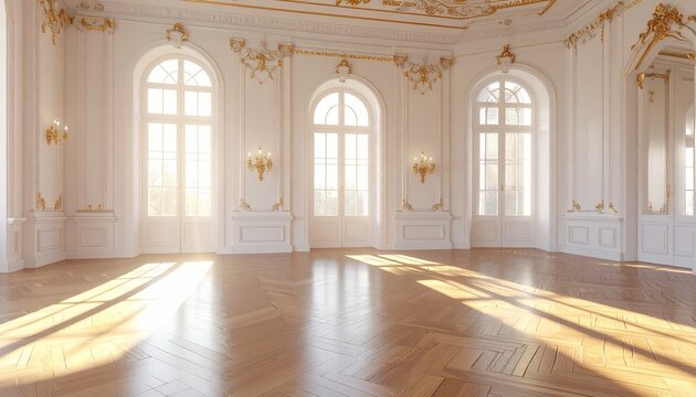 &ldquo;Opulent ballroom with chandeliers, gold moldings, arched windows, and polished parquet floor in classical European style.&rdquo;