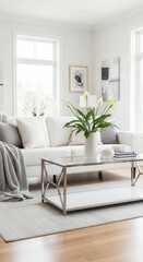Fototapeta premium Bright And Airy Contemporary Living Room With White Sofa And Green Plant