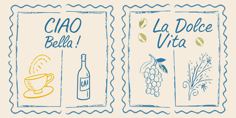 Italian themed postage stamps with coffee wine and fruit illustrations © Sudhakar