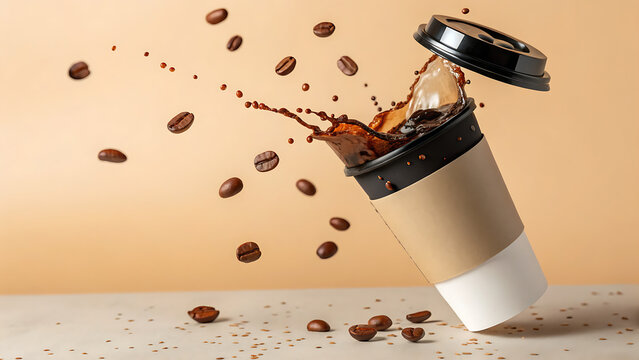 Freshly brewed iced coffee splash with coffee beans scattering in slow motion