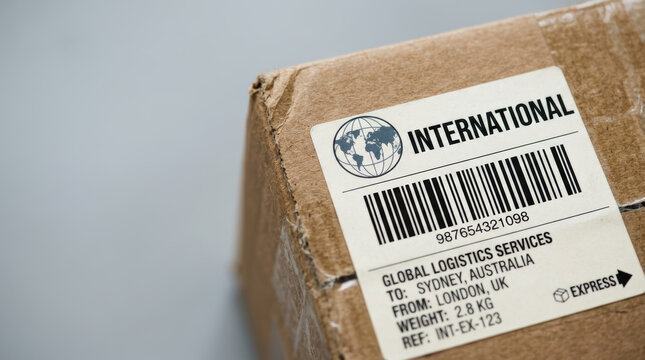 Reliable cross border e commerce delivery brings exciting anticipation with an international cardboard shipping box featuring barcode label