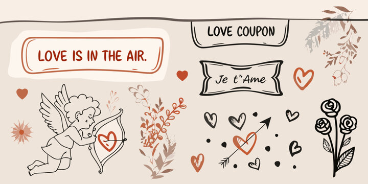 Valentine s day themed doodles including cupid hearts and floral elements