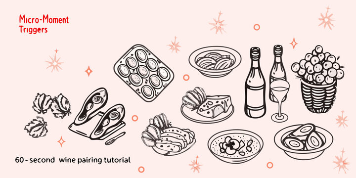 A whimsical illustration of food and drink for wine pairing guidance