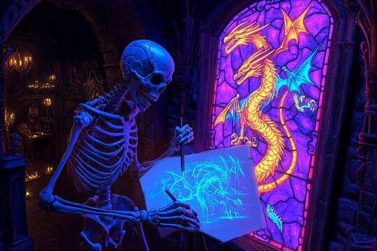 Skeleton artist creates dragon art in gothic castle setting