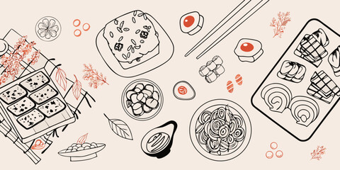 Line art illustration of various japanese and asian food dishes © Sudhakar