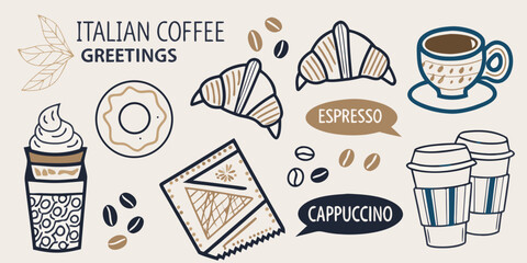 Italian coffee elements croissants espresso cappuccino and sweet treats © Sudhakar