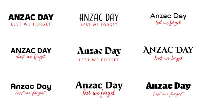 Anzac day typography set with lest we forget text collection and remembrance design bundle. Vector illustration.