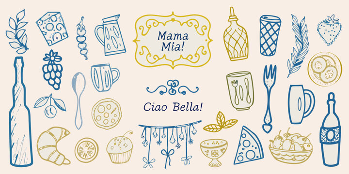 Hand drawn sketch of italian food drink and decorative elements