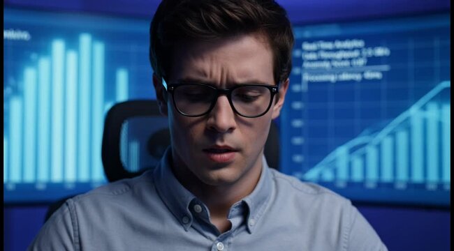 Concerned Young Professional in Glasses Analyzing Complex Digital Data on Blue Screens, Navigating Financial or Technical Challenges