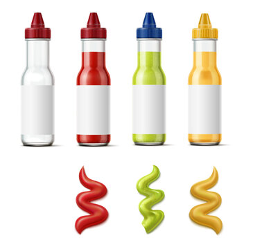 Realistic sauce glass bottles. Full and empty clean 3D containers. Ketchup jar with blank white label. Hot chili or mustard. Squeezed salsa isolated splash. Vector package mockups set