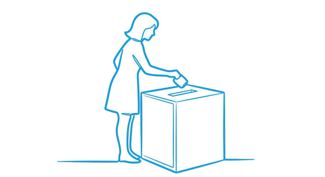 A simple line drawing depicts a woman inserting a ballot into a voting box high quality