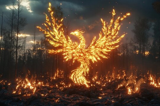 Glowing phoenix made of vibrant plants rises majestically from the ashes in a mystical, enchanted forest setting at sunrise