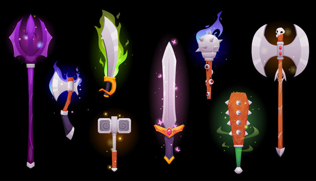 A set of magical medieval weapons with glowing particles and blazing magical fire.