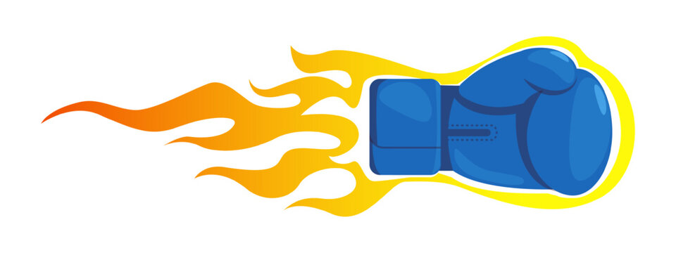 Blue boxing glove in yellow tongues of flame or fire. Combat competitive sport. Kickboxers workout exercise. Fist beating. Kickboxing attack. Hand punching. Blazing arm. Vector concept