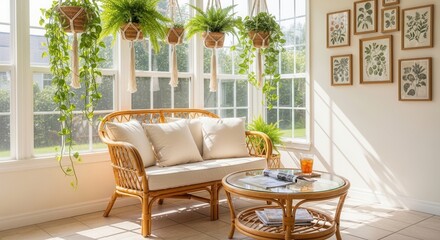 Fototapeta premium Bright Conservatory Oasis With Rattan Furniture And Hanging Plants