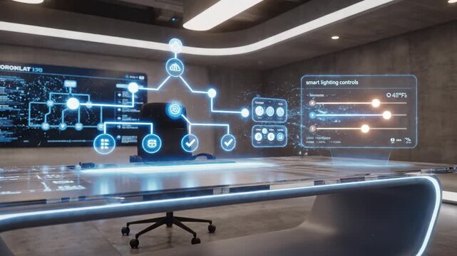 Futuristic technology smart office digital interface hologram control modern innovation workspace with advanced interactive screen, minimalistic glowing desk, sleek architecture, and high tech