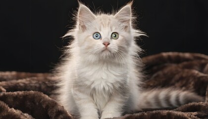 Fototapeta premium Fluffy white kitten with striking blue and green eyes resting on cozy brown blanket