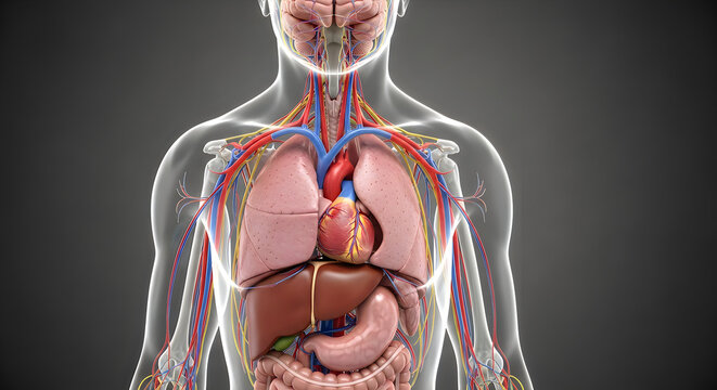 A detailed 3d medical illustration showing the human body anatomy with visible internal organs