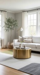 Fototapeta premium Bright Contemporary Living Room With Gold Coffee Table And Modern Decor