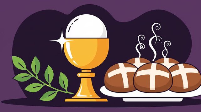 Illustration of a golden chalice with bread rolls marked with white crosses on a plate with a green branch against a purple background.