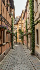 Fototapeta premium Charming European Alley with Cobblestone Street and Half-Timbered Buildings