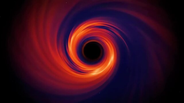 Spinning orange accretion disk surrounding dark center of space where massive gravity pulls matter into deep galaxy vortex. Powerful and mysterious vision of physics and science atmosphere