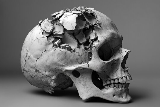 Fragmented beauty of a half formed skull resting among shattered remains
