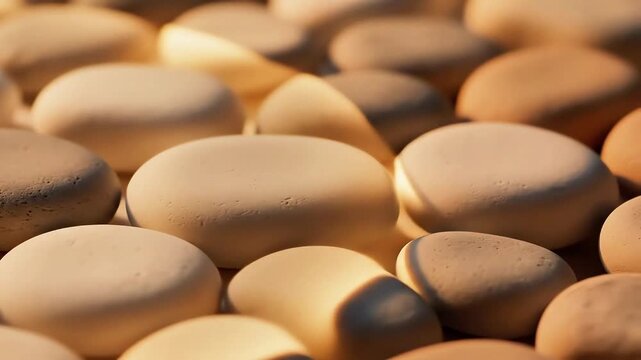 Close up view of beige smooth pebbles laying in rows, natural stone arrangement creating calm zen garden look, organic surface of river rocks under soft light provides peaceful visual pattern detail