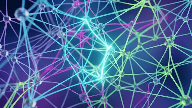Abstract glowing neural network mesh with interconnected nodes and lines. Digital ai technology connection web and data infrastructure for machine learning computing science and global internet