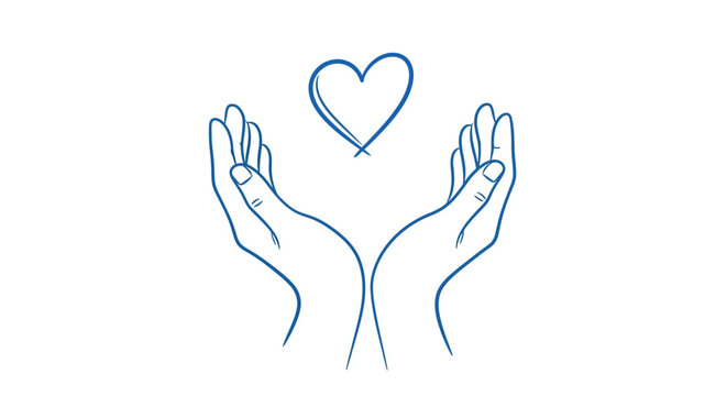 A simple line drawing depicts two hands cupping and protecting a heart symbol high quality professional