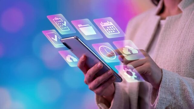 Professional holding smartphone with digital app icons including checklist calendar folder clock cloud and settings. productivity technology and task management platform for business organization