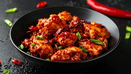 Fototapeta premium A serving of spicy chili chicken dish prepared with dried red peppers and green onions presented in a black bowl on a dark textured surface