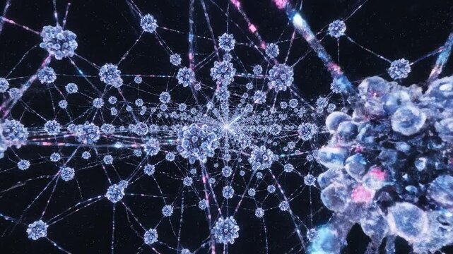 Artificial intelligence neural network digital data technology futuristic glowing blue abstract pattern interconnected system science innovation complexity molecular structure connection microscopic