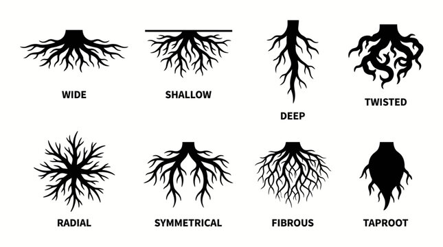 Illustrative diagram showcasing eight distinct types of plant root systems, including wide, shallow, deep, twisted, radial, symmetrical, fibrous, and taproot structures.
