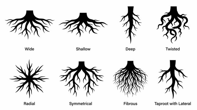 Illustrative diagram showcasing eight distinct types of plant root systems, including wide, shallow, deep, twisted, radial, symmetrical, fibrous, and taproot with lateral structures.
