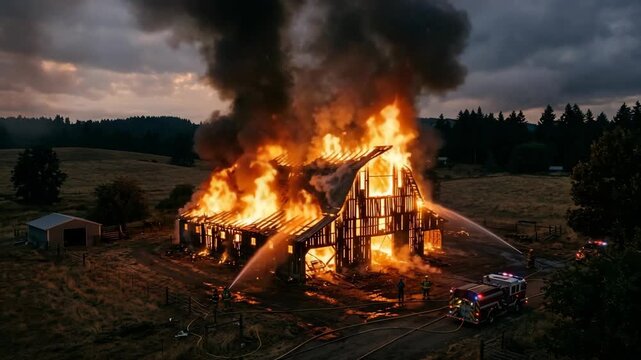 Rural barn engulfed in flames with firefighters dousing blaze at dusk