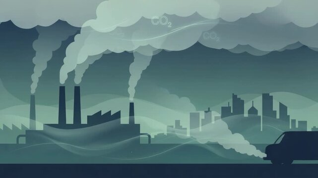 Industrial pollution and vehicle exhaust contribute to smoggy cityscape with CO2 emissions