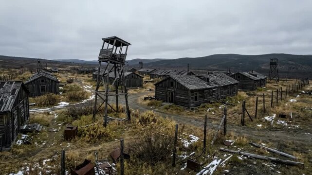 Abandoned settlement with wooden barracks and guard towers under a cloudy sky