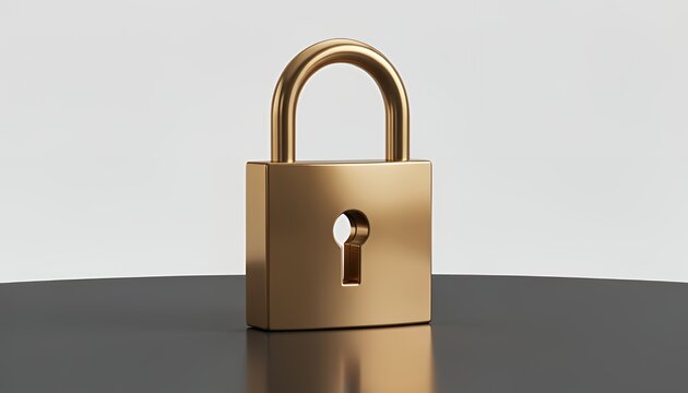 Gold Padlock Closed on Reflective Surface for Security Isolation
