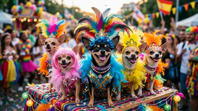 Chihuahua dogs in vibrant carnival costumes and headdresses during a parade