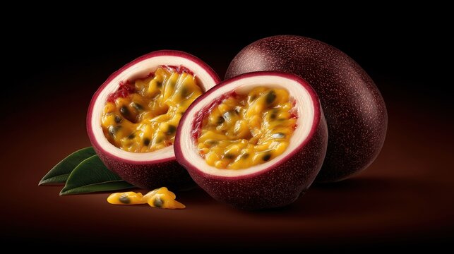Two halved passion fruits with bright yellow pulp and black seeds alongside whole dark purple passion fruits on dark brown background emphasizing fruit freshness and flavor