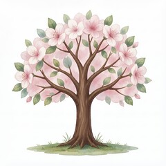 Obraz premium Pink Blossoming Tree Illustration with Green Leaves and Flowers on White Background