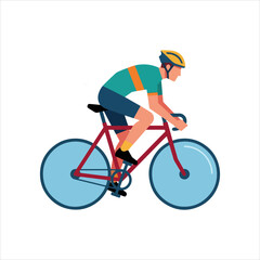 Fototapeta premium Male cyclist riding a red bicycle with blue wheels.