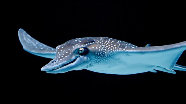 Underwater ballet A spotted eagle ray glides gracefully through the deep blue ocean, showcasing its intricate wing patterns and serene expression