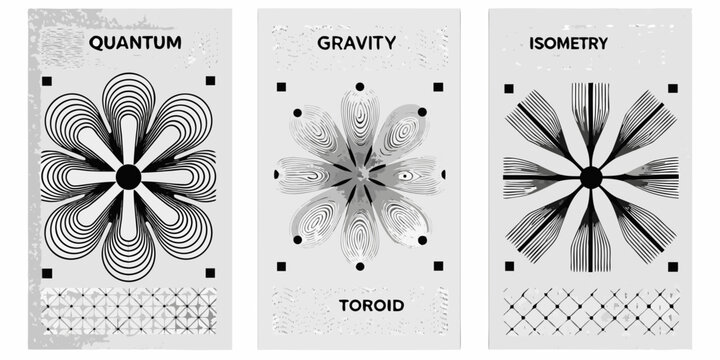 Abstract triptych featuring quantum gravity and isometry concepts in floral designs