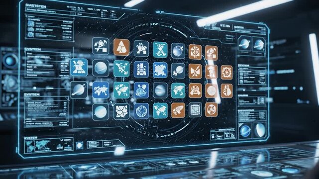 Futuristic interface digital screen technology data science innovation cyber blue orange icon system control display holographic artificial intelligence advanced communication modern virtual