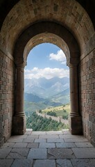 Obraz premium Stone Archway Framing Scenic Mountain Landscape View From Historic Building